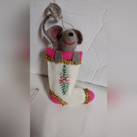 Vintage Mice Felt Cloth Christmas Ornaments Handmade Set Of 3 - 5" - Picture 5 of 5